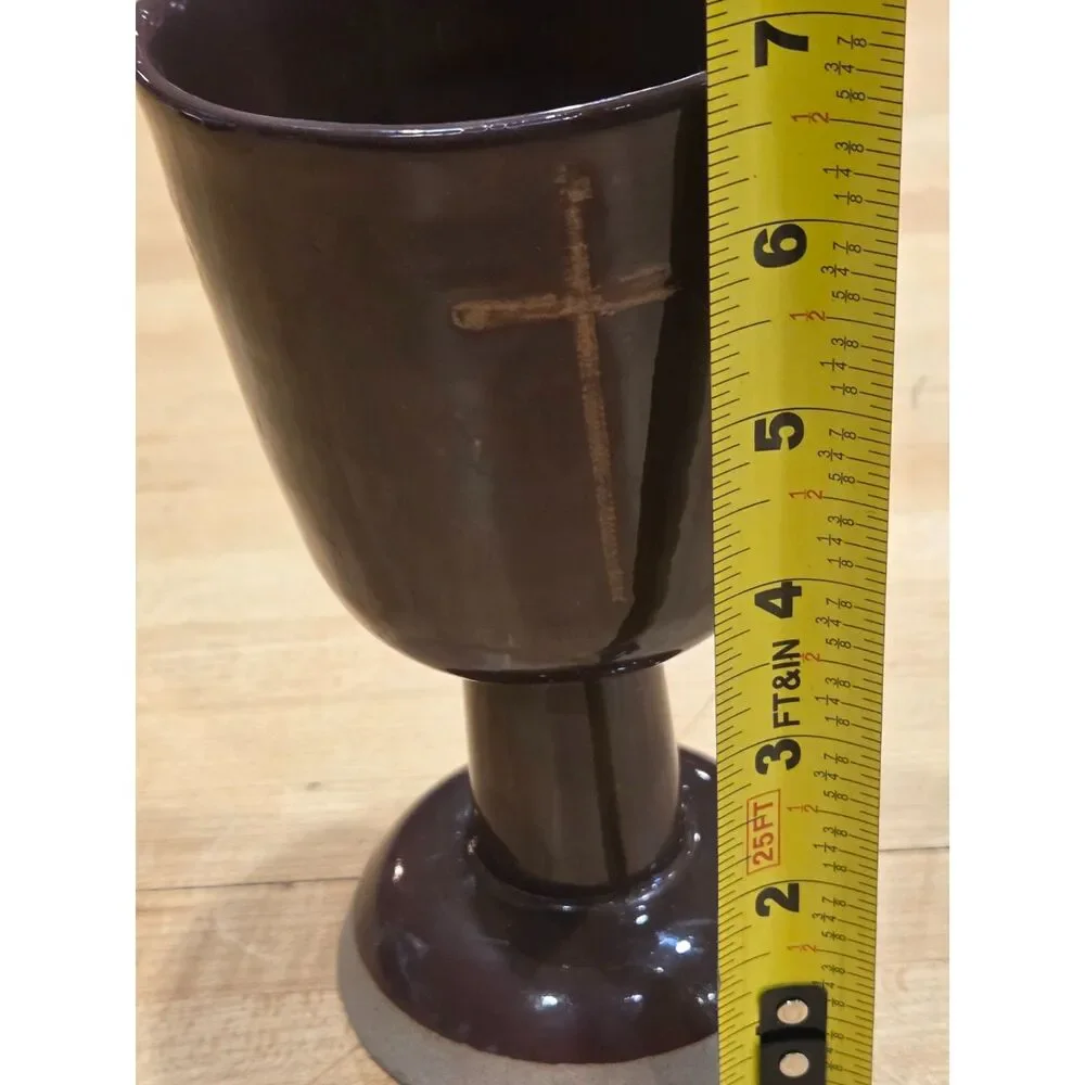 Vintage Studio Pottery Chalice Communion Goblet Christian Cross Brown Glaze 6.5